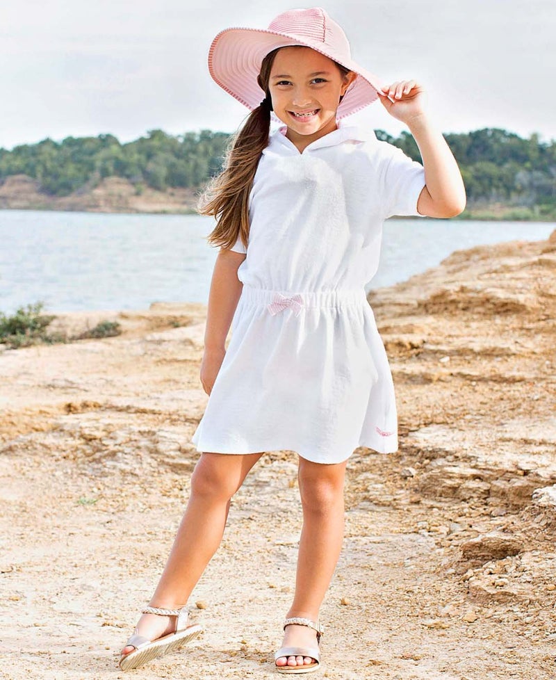 RuffleButtsÂ® Baby/Toddler Girls White w/Pink Seersucker Terry Hoodie Swimsuit Cover-Up - 3-6m - Image 3